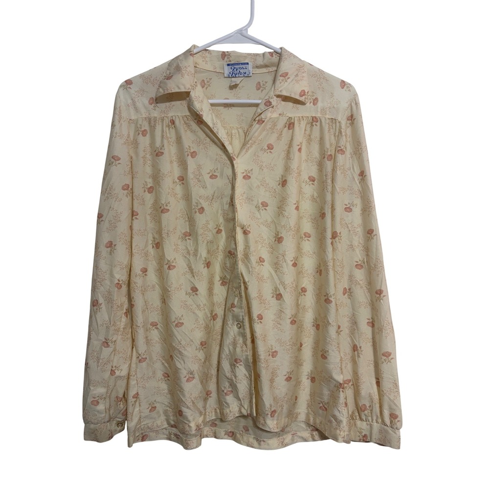 Ship n Shore Blouse Vintage 70s Floral Cream Qiana Nylon Long Sleeve Size 16